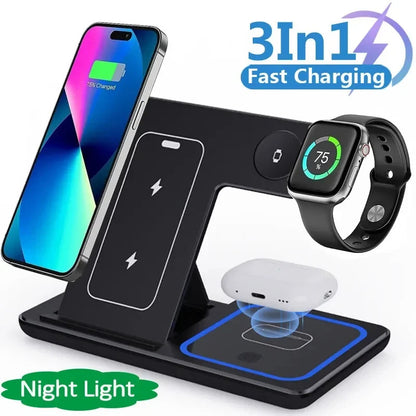 15W 3-in-1 LED Fast Wireless Charger Stand Foldable Charging Station